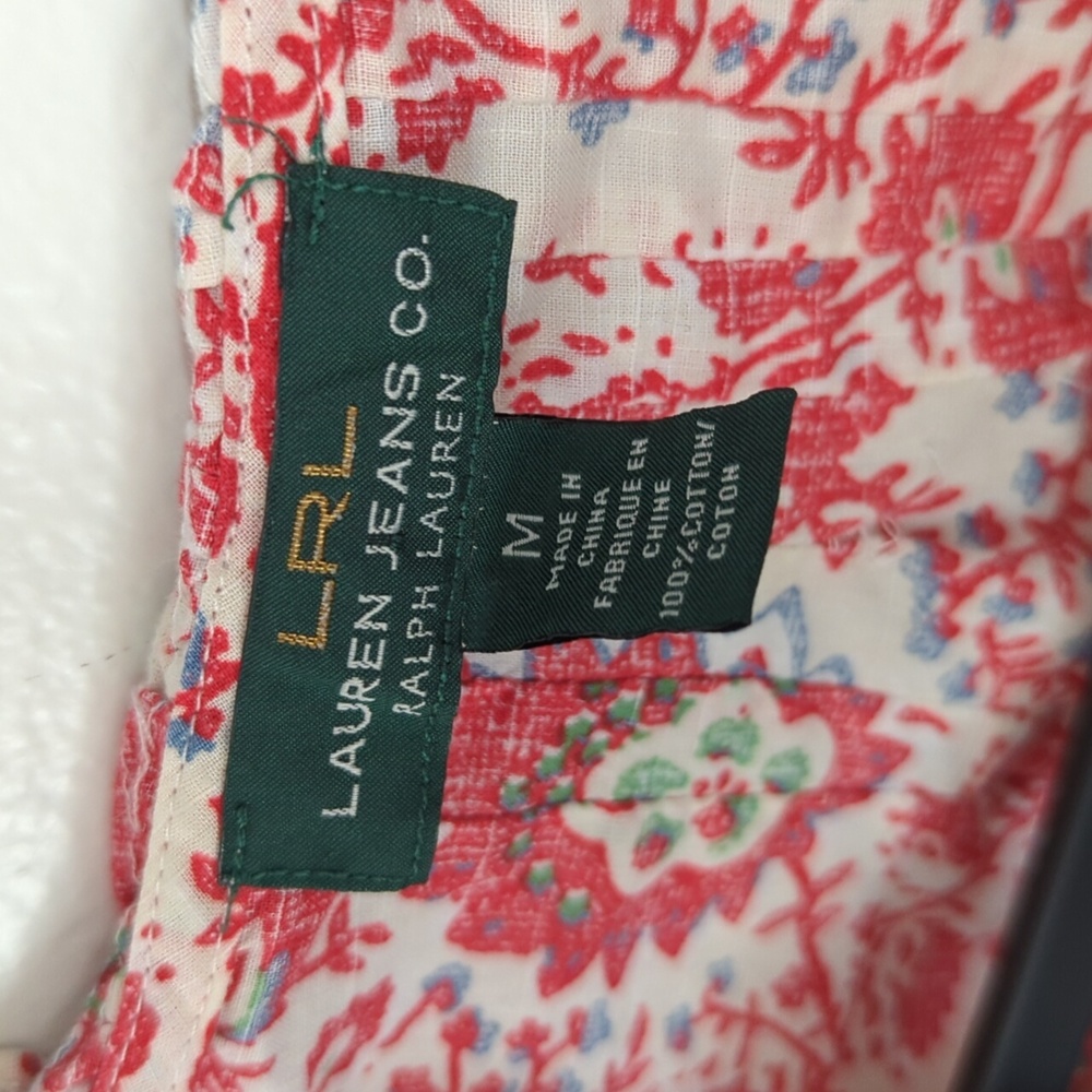 LRL Ralph Lauren Jeans Co. Red White Floral Cotton Shirt Sleeve Ruffle Top M - Picture 5 of 6